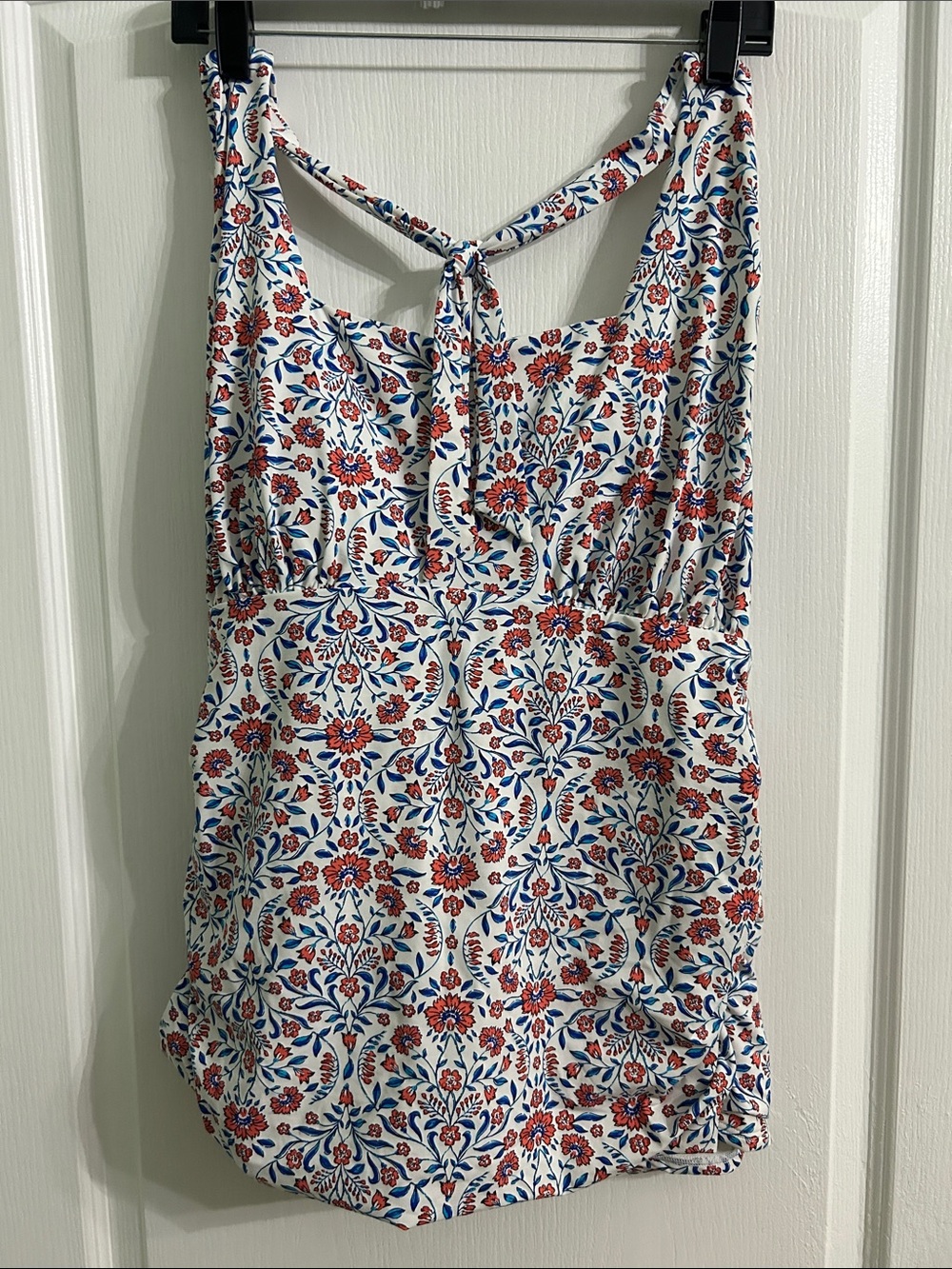 Women’s Floral Print Swim Tankini Top - White with Red & Blue Floral